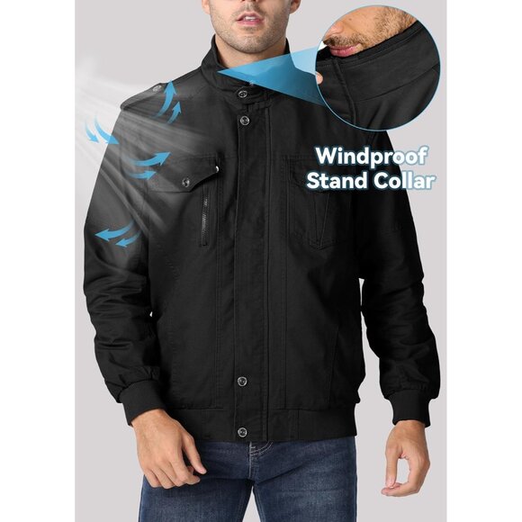Men's Black Winter Cargo Fleece Sherpa Lined Casual Windproof Bomber Jacket - Picture 3 of 6